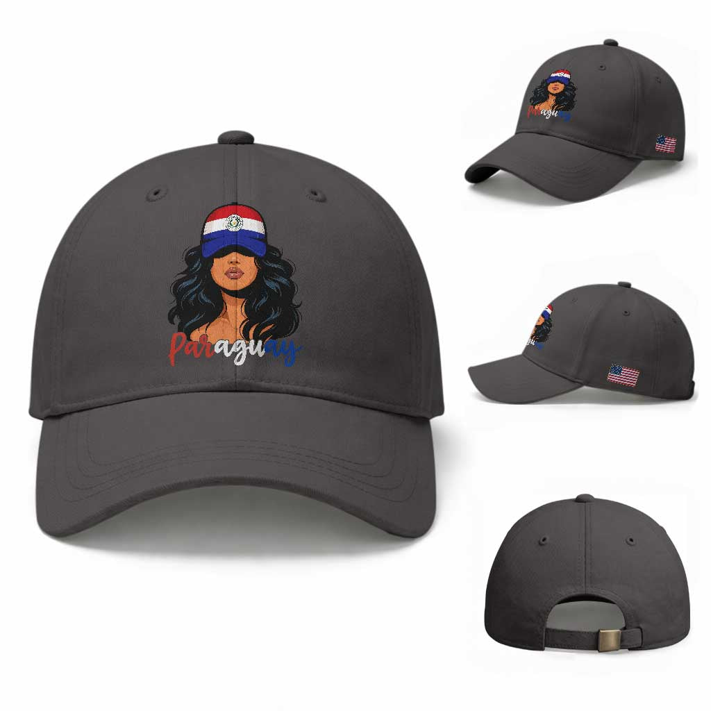 Proud Paraguayan Woman Melanin Curls Afro Latina Baseball Cap Paraguay Flag Roots Hispanic Heritage Pride TS02 Baseball Cap Universal Fit Dark Gray Print Your Wear