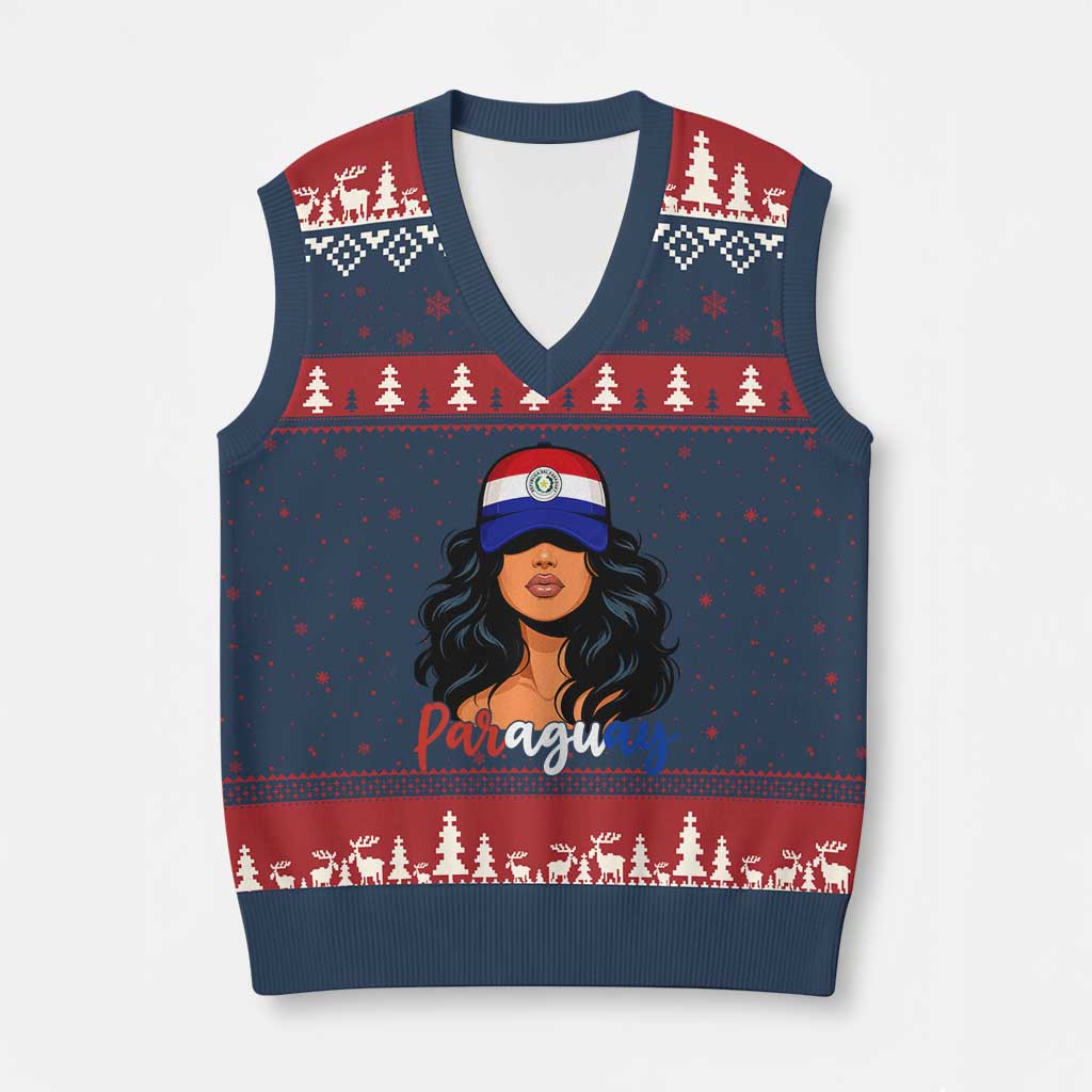 Proud Paraguayan Woman Melanin Curls Afro Latina V-Neck Knit Sweater Vest Paraguay Flag Roots Hispanic Heritage Pride TS02 Navy Red Print Your Wear