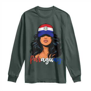 Proud Paraguayan Woman Melanin Curls Afro Latina Long Sleeve Shirt Paraguay Flag Roots Hispanic Heritage Pride TS02 Dark Forest Green Print Your Wear
