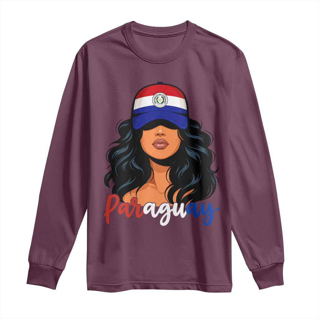 Proud Paraguayan Woman Melanin Curls Afro Latina Long Sleeve Shirt Paraguay Flag Roots Hispanic Heritage Pride TS02 Maroon Print Your Wear