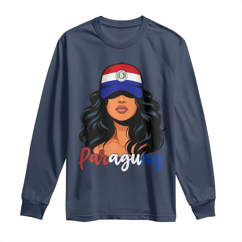 Proud Paraguayan Woman Melanin Curls Afro Latina Long Sleeve Shirt Paraguay Flag Roots Hispanic Heritage Pride TS02 Navy Print Your Wear