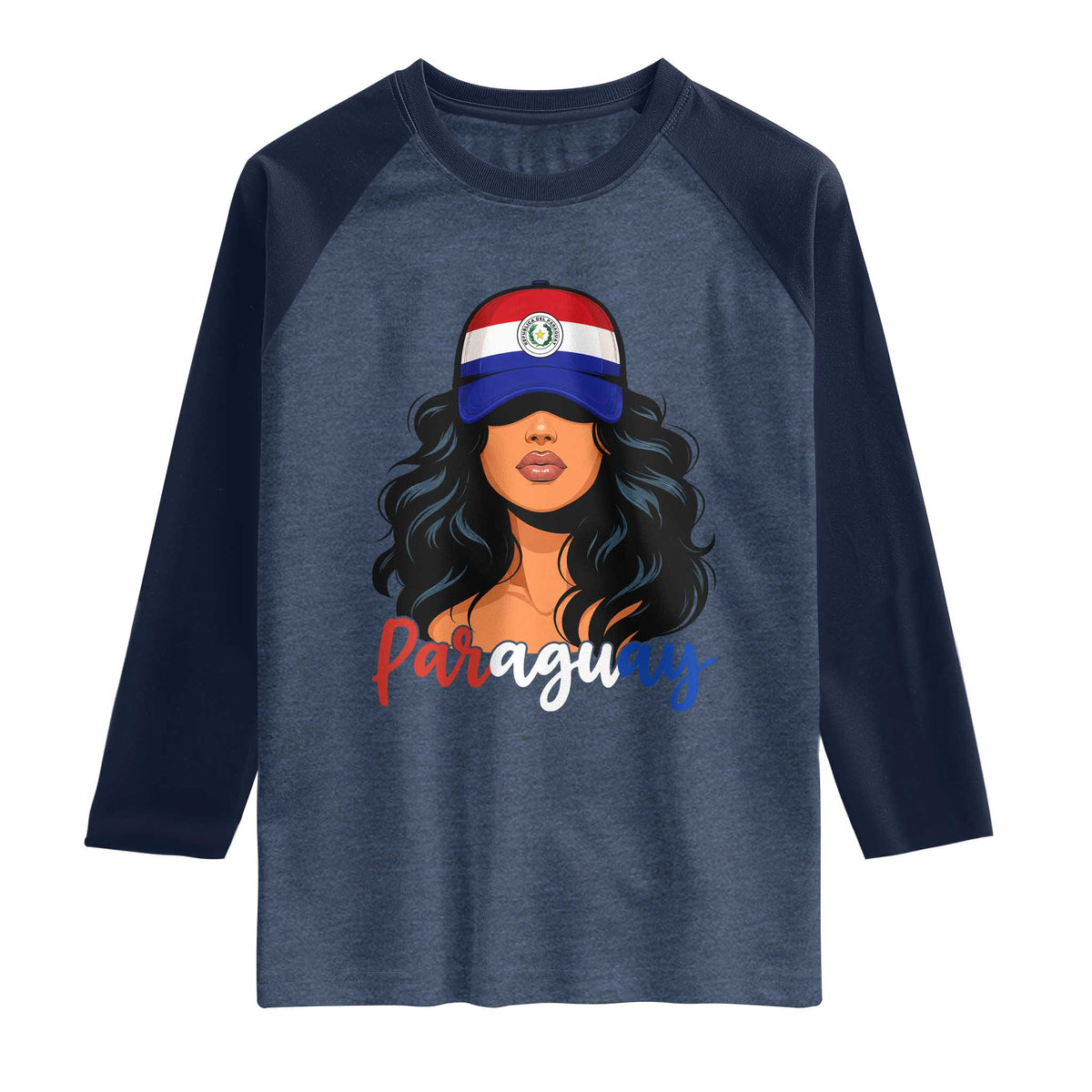 Proud Paraguayan Woman Melanin Curls Afro Latina Raglan Shirt Paraguay Flag Roots Hispanic Heritage Pride TS02 Heather Denim Navy Print Your Wear