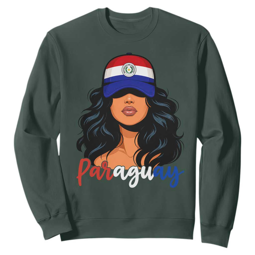 Proud Paraguayan Woman Melanin Curls Afro Latina Sweatshirt Paraguay Flag Roots Hispanic Heritage Pride TS02 Dark Forest Green Print Your Wear