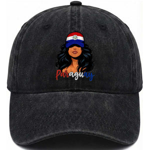 Proud Paraguayan Woman Melanin Curls Afro Latina Washed Cotton Baseball Cap Paraguay Flag Roots Hispanic Heritage Pride TS02 Print Your Wear