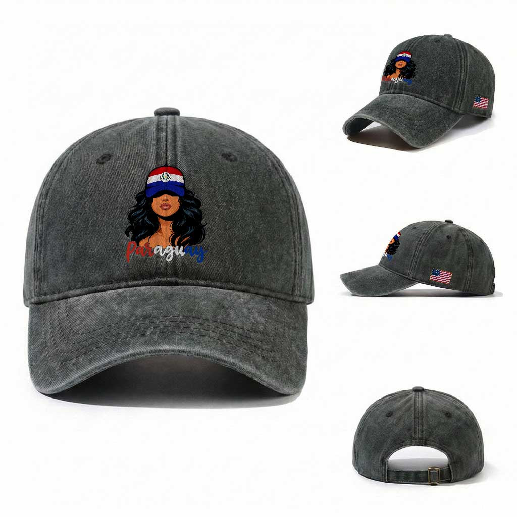 Proud Paraguayan Woman Melanin Curls Afro Latina Washed Cotton Baseball Cap Paraguay Flag Roots Hispanic Heritage Pride TS02 Washed Cap Universal Fit Dark Green Print Your Wear