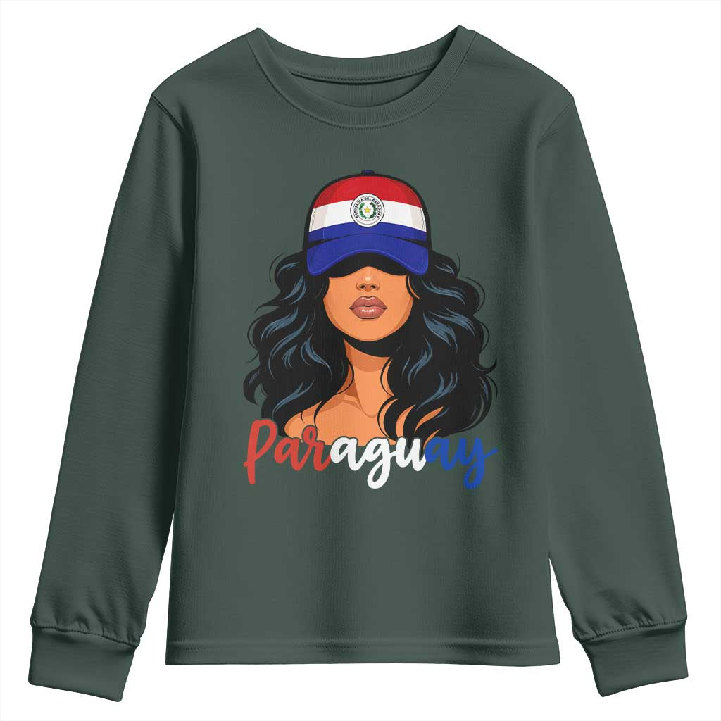 Proud Paraguayan Woman Melanin Curls Afro Latina Youth Sweatshirt Paraguay Flag Roots Hispanic Heritage Pride TS02 Dark Forest Green Print Your Wear