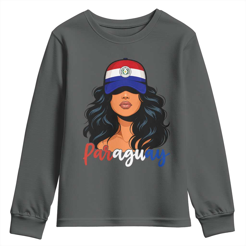 Proud Paraguayan Woman Melanin Curls Afro Latina Youth Sweatshirt Paraguay Flag Roots Hispanic Heritage Pride TS02 Dark Heather Print Your Wear
