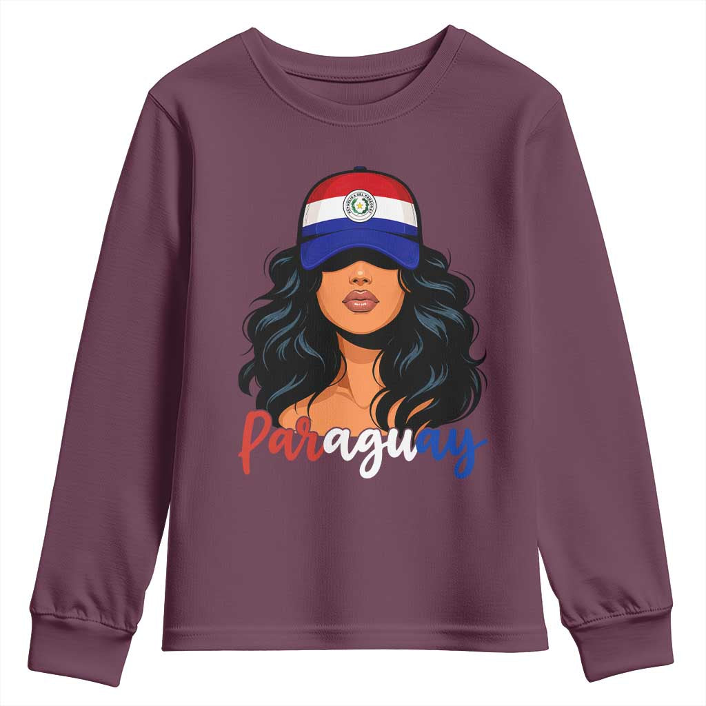 Proud Paraguayan Woman Melanin Curls Afro Latina Youth Sweatshirt Paraguay Flag Roots Hispanic Heritage Pride TS02 Maroon Print Your Wear