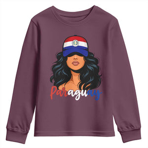 Proud Paraguayan Woman Melanin Curls Afro Latina Youth Sweatshirt Paraguay Flag Roots Hispanic Heritage Pride TS02 Maroon Print Your Wear