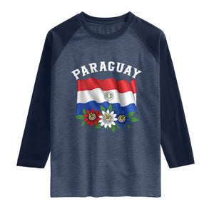 Paraguay Flag Passion Flower Mburucuya Graphic Raglan Shirt Paraguaya Hispanic Latino Heritage Cultura Pride TS02 Heather Denim Navy Print Your Wear