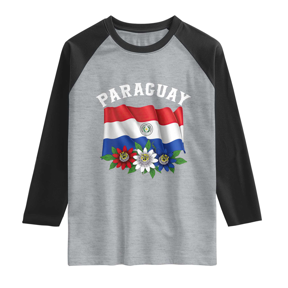 Paraguay Flag Passion Flower Mburucuya Graphic Raglan Shirt Paraguaya Hispanic Latino Heritage Cultura Pride TS02 Heather Gray Black Print Your Wear