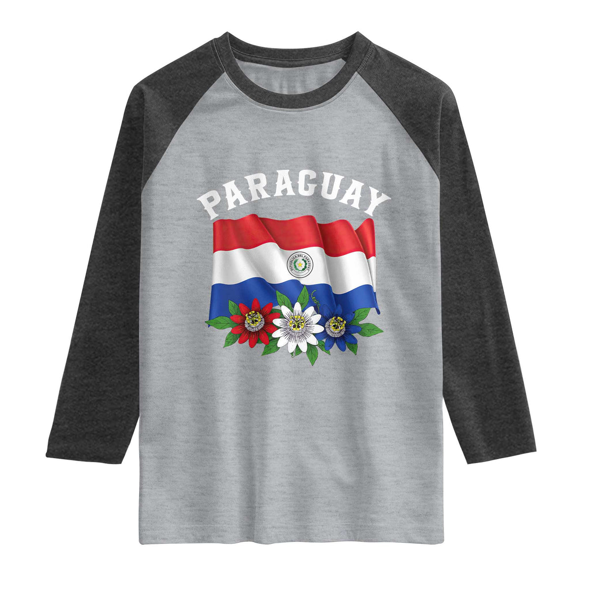 Paraguay Flag Passion Flower Mburucuya Graphic Raglan Shirt Paraguaya Hispanic Latino Heritage Cultura Pride TS02 Heather Gray Heather Charcoal Print Your Wear