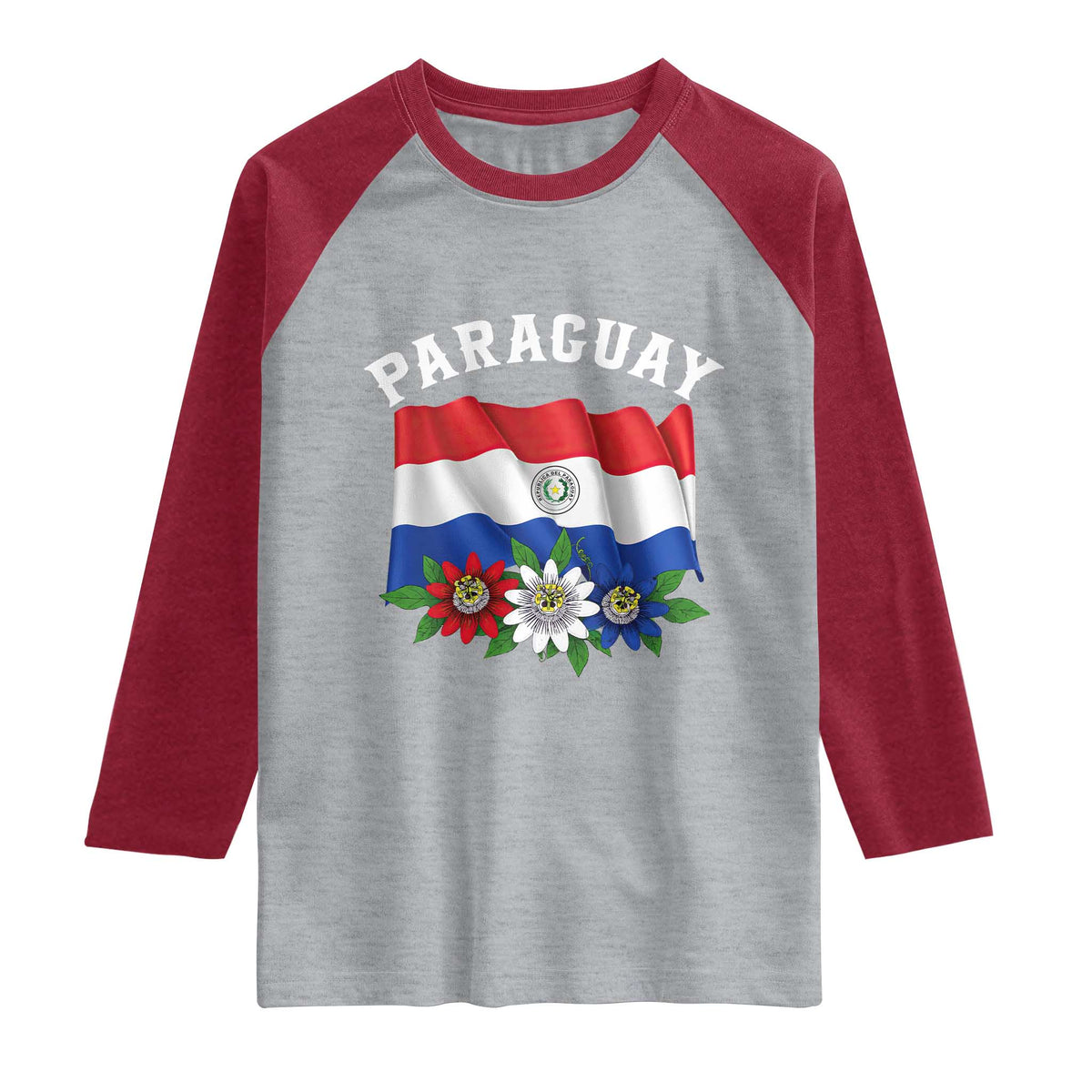 Paraguay Flag Passion Flower Mburucuya Graphic Raglan Shirt Paraguaya Hispanic Latino Heritage Cultura Pride TS02 Heather Gray Heather Red Print Your Wear