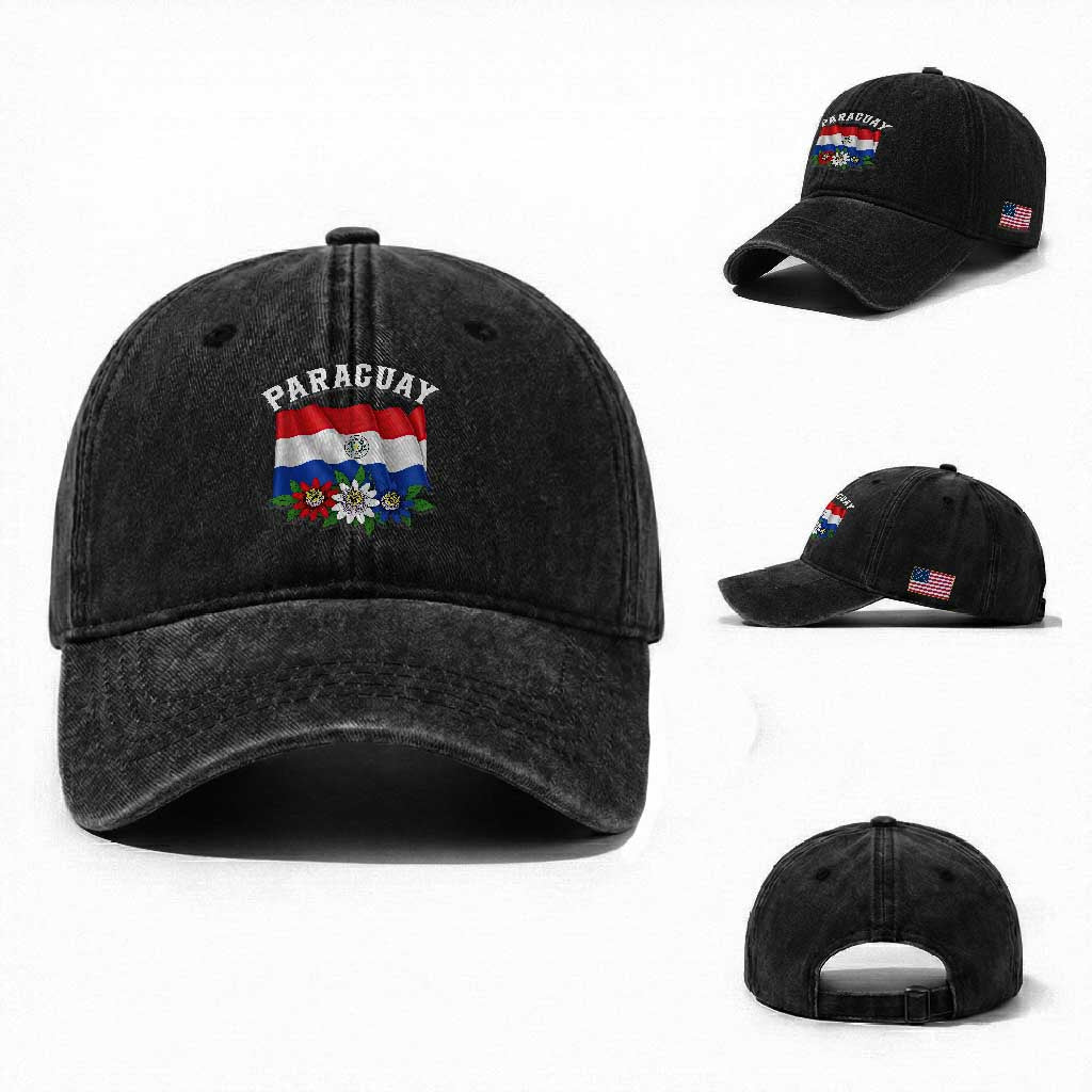 Paraguay Flag Passion Flower Mburucuya Graphic Washed Cotton Baseball Cap Paraguaya Hispanic Latino Heritage Cultura Pride TS02 Washed Cap Universal Fit Black Print Your Wear