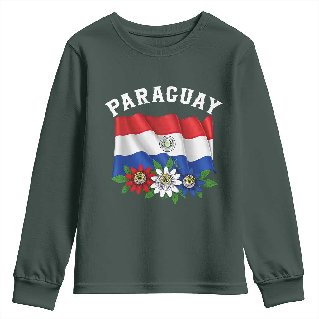 Paraguay Flag Passion Flower Mburucuya Graphic Youth Sweatshirt Paraguaya Hispanic Latino Heritage Cultura Pride TS02 Dark Forest Green Print Your Wear