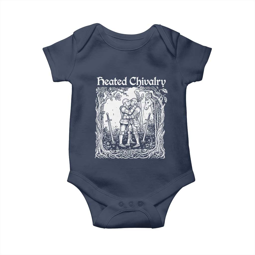 Heated Chivalry Kissing Knights Baby Onesie Romantic Funny Medieval Woodcut Fantasy Folklore Graphic TS02 Navy Print Your Wear