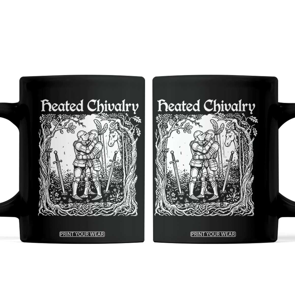 Heated Chivalry Kissing Knights Coffee Mug Romantic Funny Medieval Woodcut Fantasy Folklore Graphic TS02 Black Print Your Wear