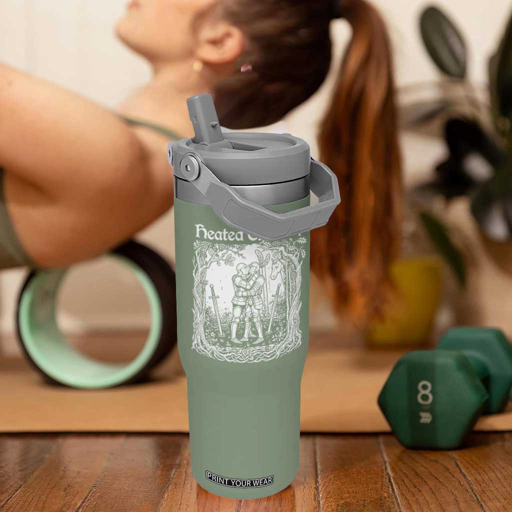 Heated Chivalry Kissing Knights Flip Straw Tumbler Romantic Funny Medieval Woodcut Fantasy Folklore Graphic TS02 One Size: 30 oz Moss Green Print Your Wear