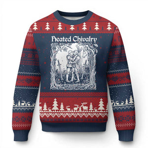 Heated Chivalry Kissing Knights Ugly Christmas Sweater Romantic Funny Medieval Woodcut Fantasy Folklore Graphic TS02 Navy Red Print Your Wear