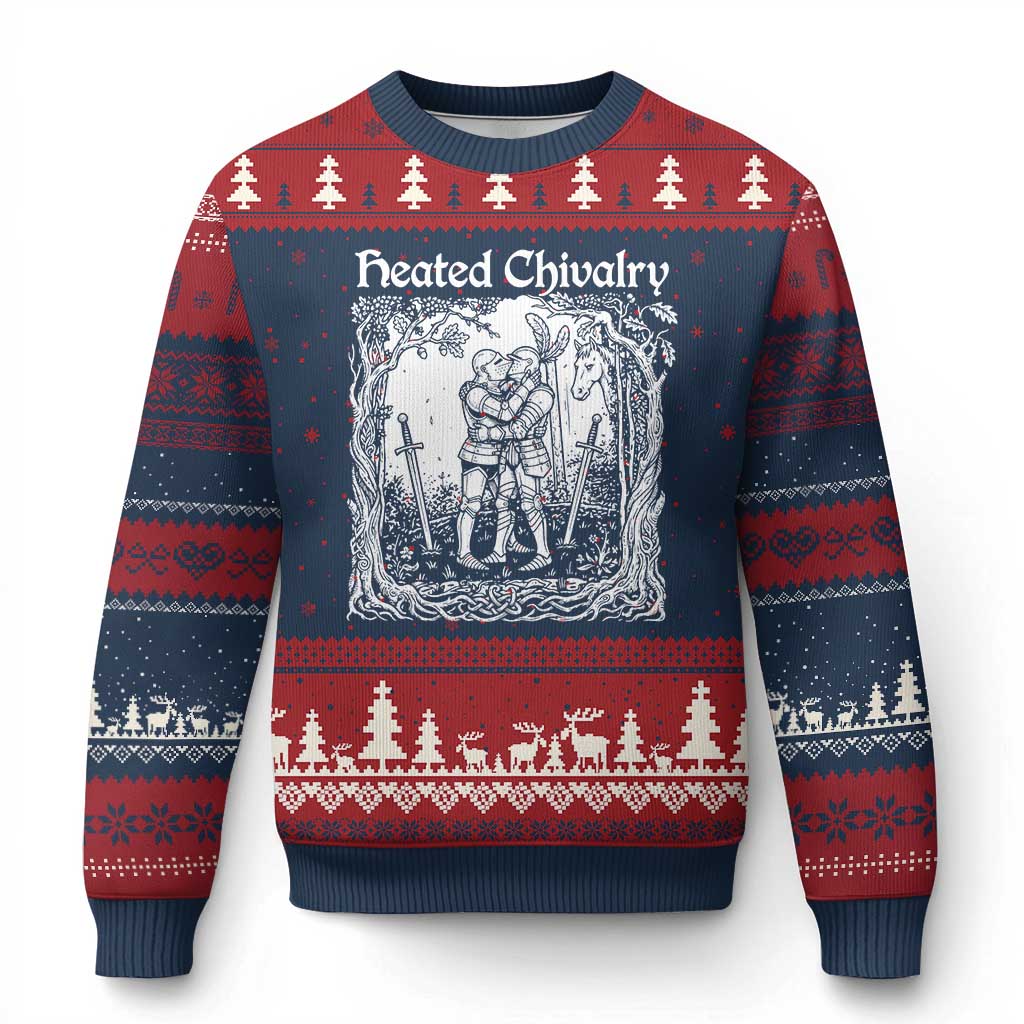Heated Chivalry Kissing Knights Ugly Christmas Sweater Romantic Funny Medieval Woodcut Fantasy Folklore Graphic TS02 Navy Red Print Your Wear