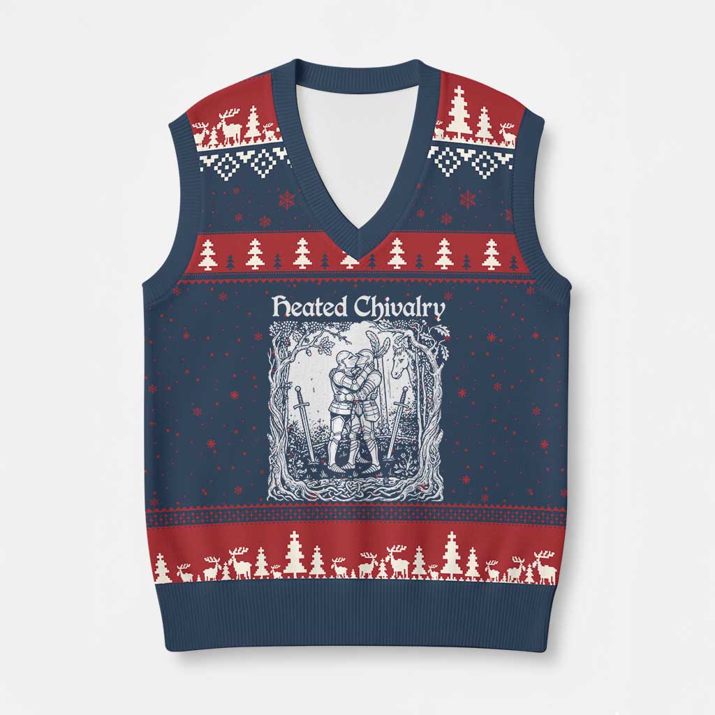 Heated Chivalry Kissing Knights V-Neck Knit Sweater Vest Romantic Funny Medieval Woodcut Fantasy Folklore Graphic TS02 Navy Red Print Your Wear
