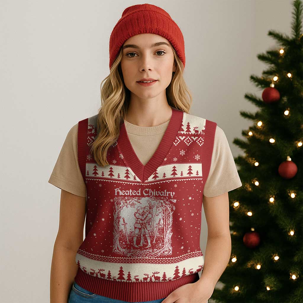 Heated Chivalry Kissing Knights V-Neck Knit Sweater Vest Romantic Funny Medieval Woodcut Fantasy Folklore Graphic TS02 Red Beige Print Your Wear