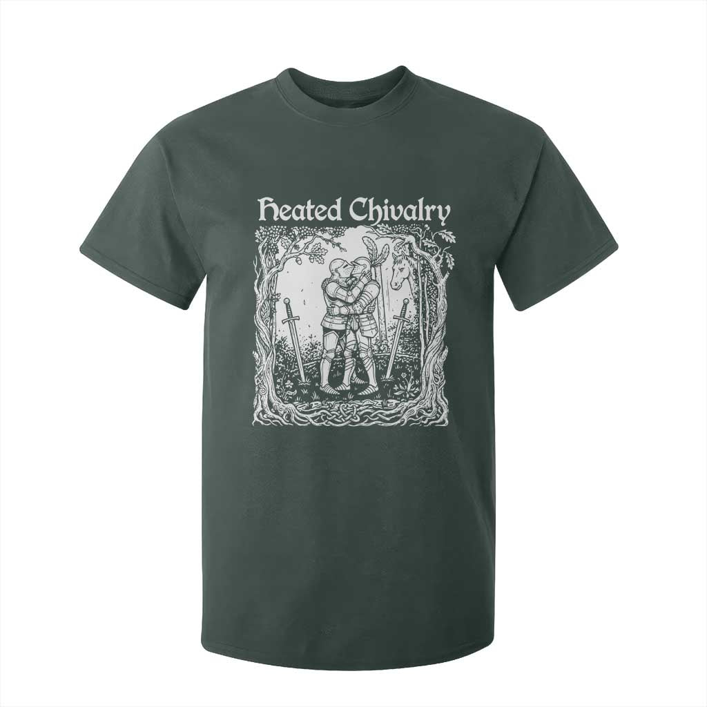 Heated Chivalry Kissing Knights T Shirt For Kid Romantic Funny Medieval Woodcut Fantasy Folklore Graphic TS02 Dark Forest Green Print Your Wear