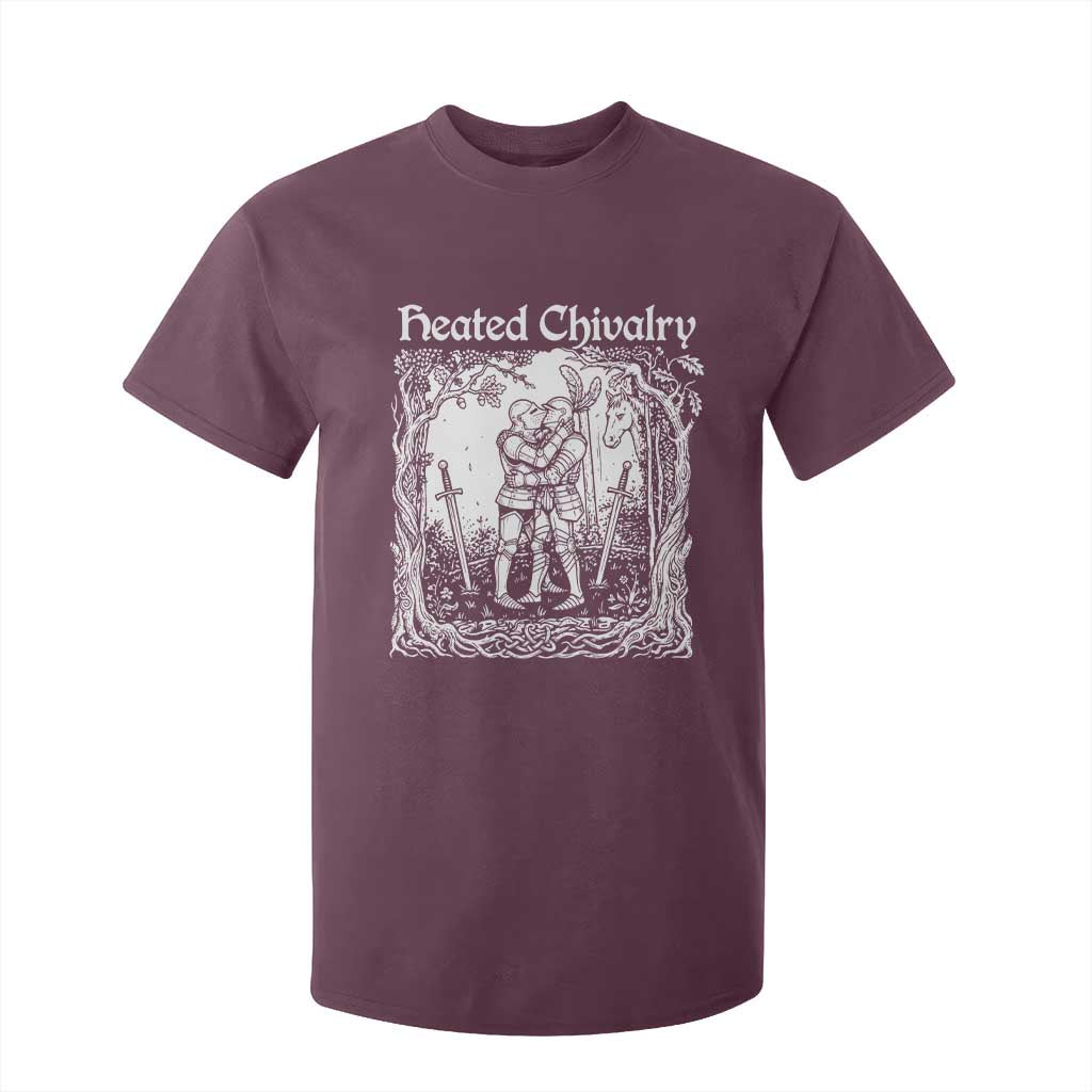 Heated Chivalry Kissing Knights T Shirt For Kid Romantic Funny Medieval Woodcut Fantasy Folklore Graphic TS02 Maroon Print Your Wear