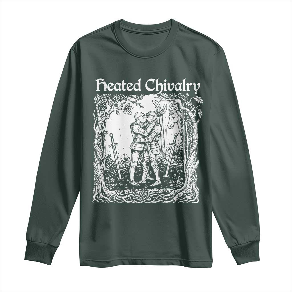 Heated Chivalry Kissing Knights Long Sleeve Shirt Romantic Funny Medieval Woodcut Fantasy Folklore Graphic TS02 Dark Forest Green Print Your Wear