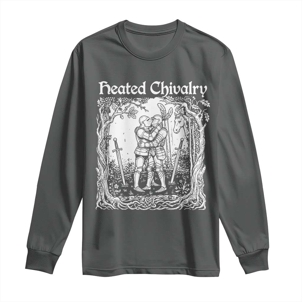 Heated Chivalry Kissing Knights Long Sleeve Shirt Romantic Funny Medieval Woodcut Fantasy Folklore Graphic TS02 Dark Heather Print Your Wear
