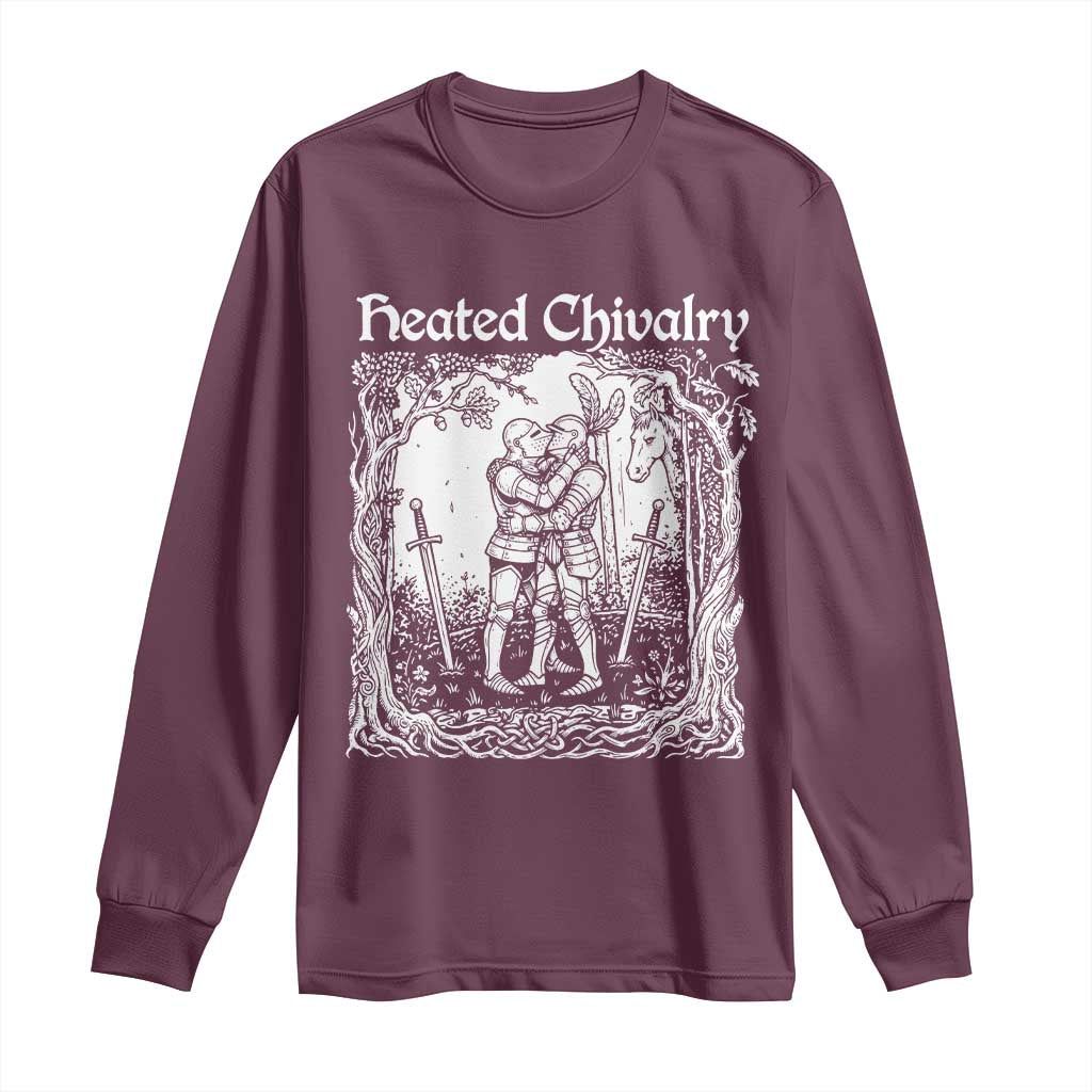 Heated Chivalry Kissing Knights Long Sleeve Shirt Romantic Funny Medieval Woodcut Fantasy Folklore Graphic TS02 Maroon Print Your Wear