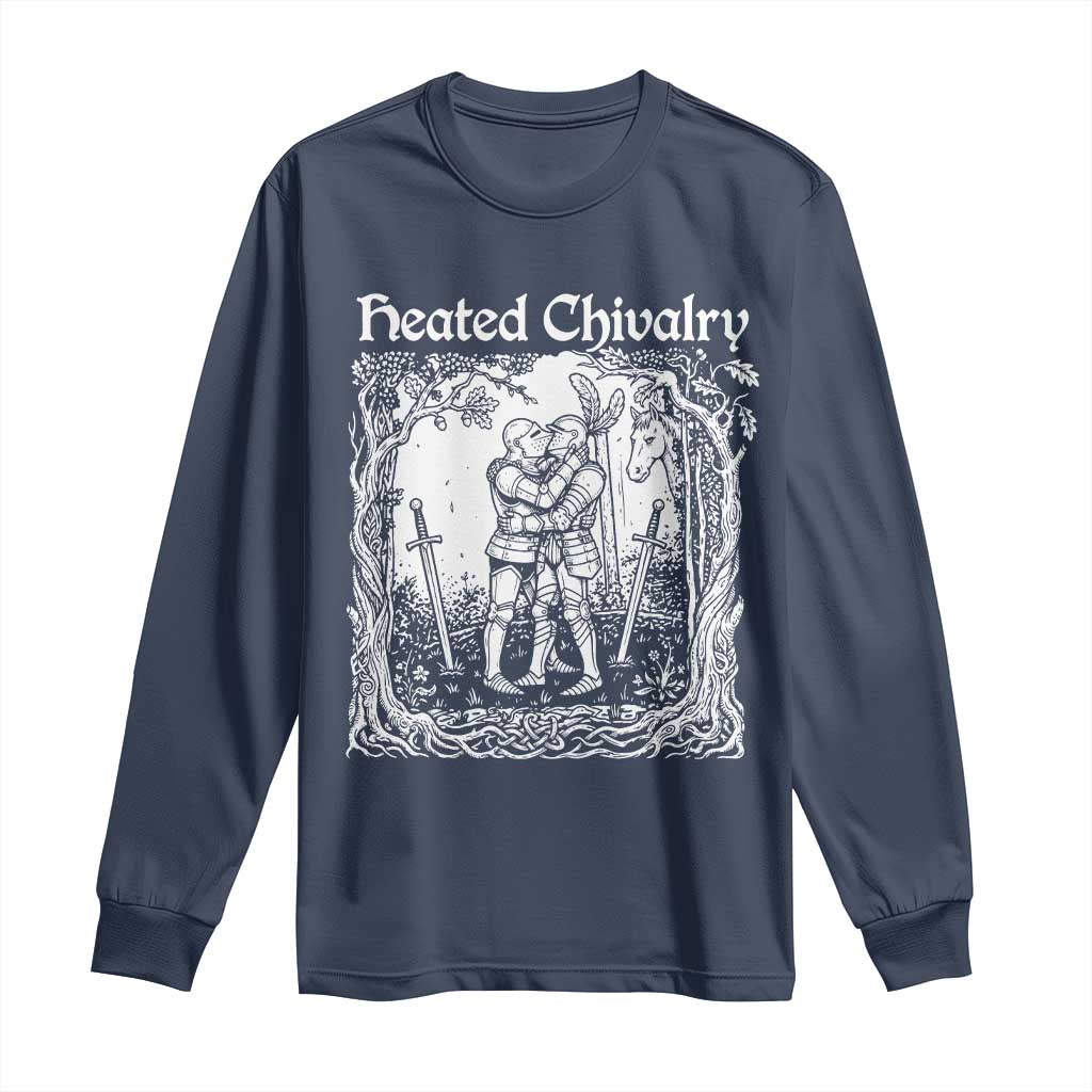 Heated Chivalry Kissing Knights Long Sleeve Shirt Romantic Funny Medieval Woodcut Fantasy Folklore Graphic TS02 Navy Print Your Wear