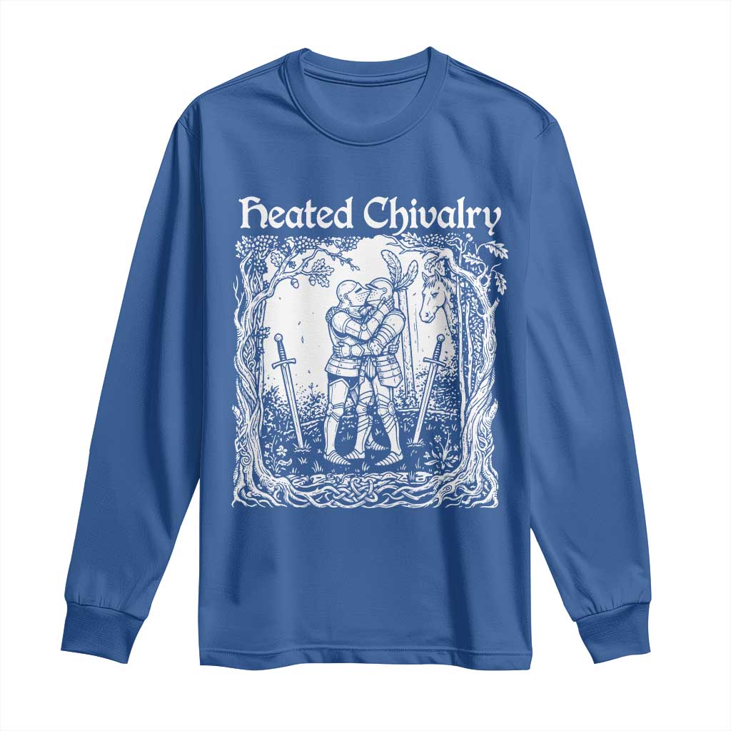 Heated Chivalry Kissing Knights Long Sleeve Shirt Romantic Funny Medieval Woodcut Fantasy Folklore Graphic TS02 Royal Blue Print Your Wear