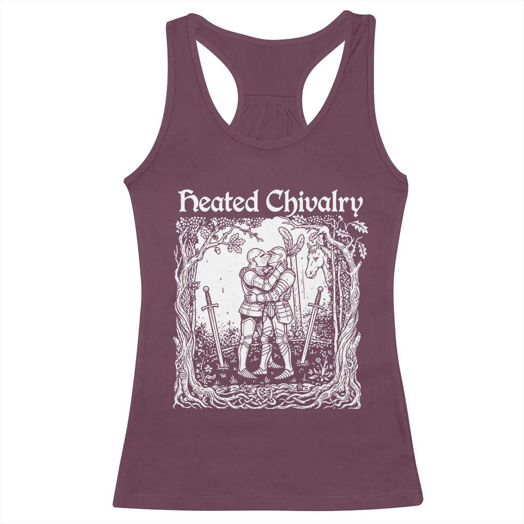 Heated Chivalry Kissing Knights Racerback Tank Top Romantic Funny Medieval Woodcut Fantasy Folklore Graphic TS02 Maroon Print Your Wear