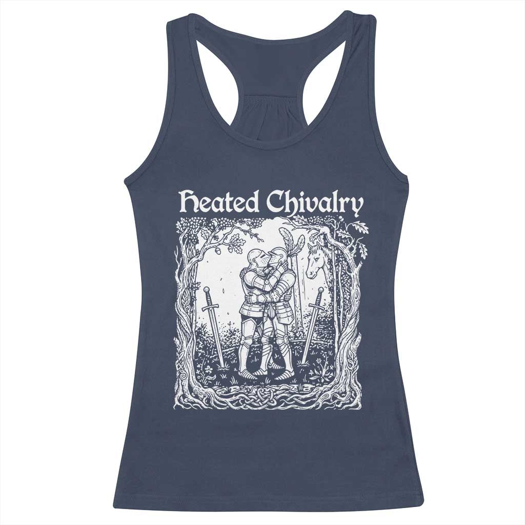 Heated Chivalry Kissing Knights Racerback Tank Top Romantic Funny Medieval Woodcut Fantasy Folklore Graphic TS02 Navy Print Your Wear