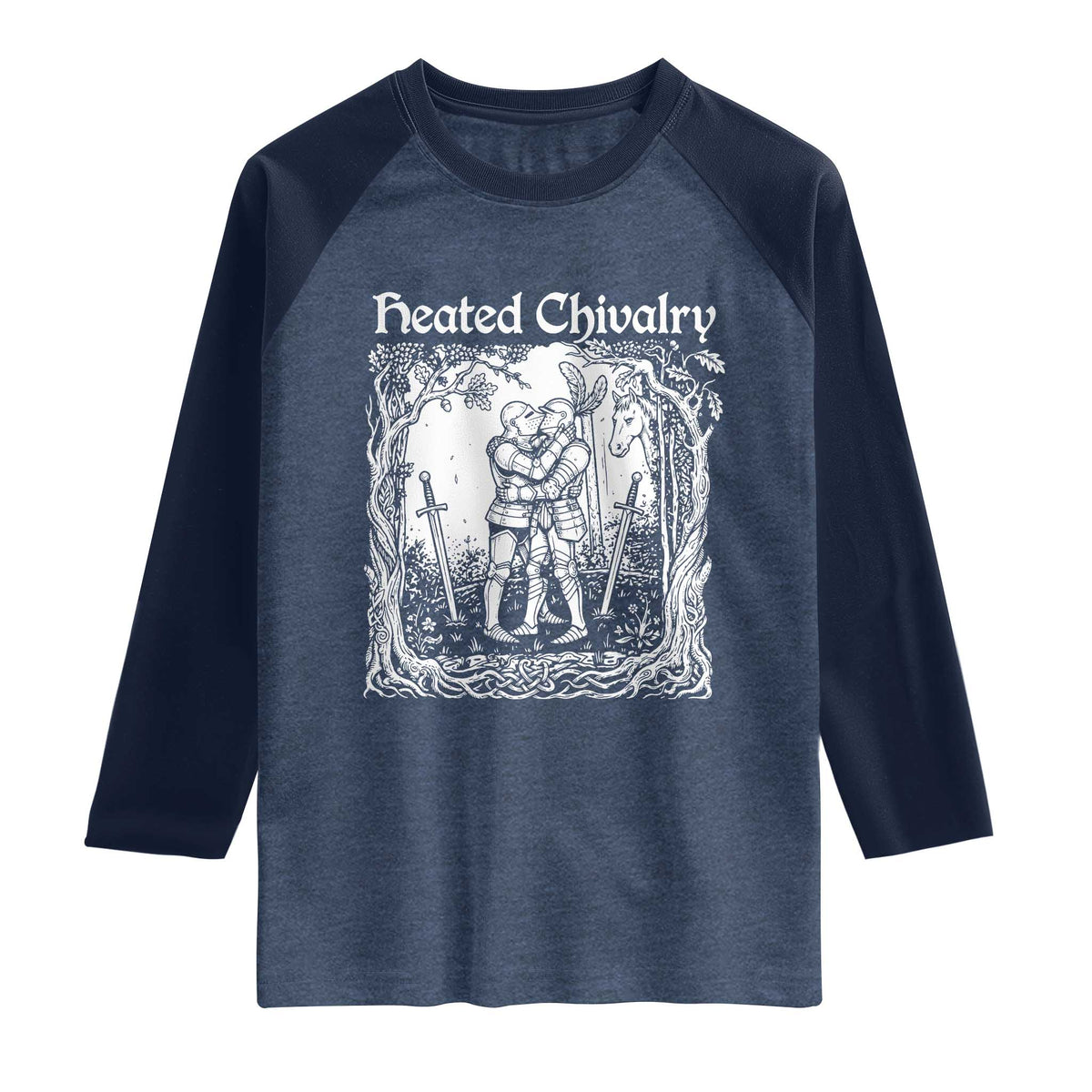 Heated Chivalry Kissing Knights Raglan Shirt Romantic Funny Medieval Woodcut Fantasy Folklore Graphic TS02 Heather Denim Navy Print Your Wear