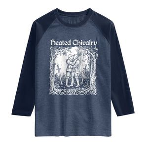Heated Chivalry Kissing Knights Raglan Shirt Romantic Funny Medieval Woodcut Fantasy Folklore Graphic TS02 Heather Denim Navy Print Your Wear