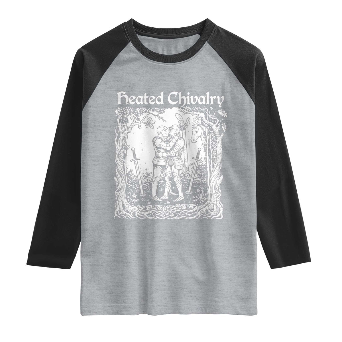 Heated Chivalry Kissing Knights Raglan Shirt Romantic Funny Medieval Woodcut Fantasy Folklore Graphic TS02 Heather Gray Black Print Your Wear
