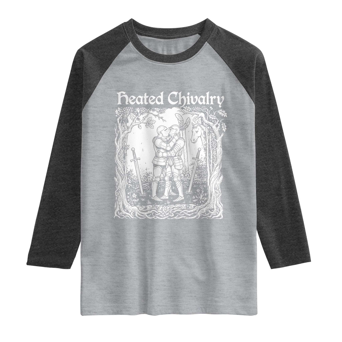 Heated Chivalry Kissing Knights Raglan Shirt Romantic Funny Medieval Woodcut Fantasy Folklore Graphic TS02 Heather Gray Heather Charcoal Print Your Wear