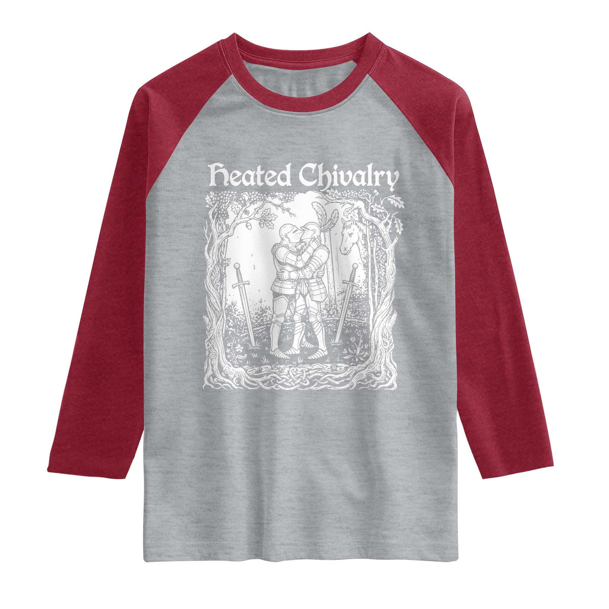 Heated Chivalry Kissing Knights Raglan Shirt Romantic Funny Medieval Woodcut Fantasy Folklore Graphic TS02 Heather Gray Heather Red Print Your Wear