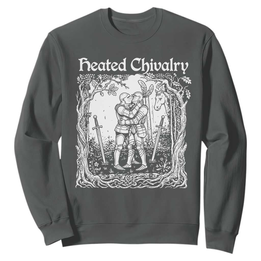 Heated Chivalry Kissing Knights Sweatshirt Romantic Funny Medieval Woodcut Fantasy Folklore Graphic TS02 Dark Heather Print Your Wear