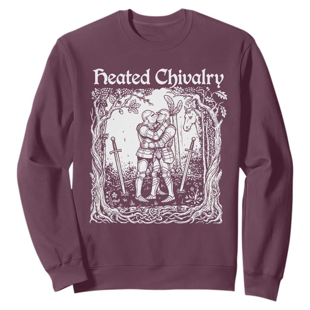 Heated Chivalry Kissing Knights Sweatshirt Romantic Funny Medieval Woodcut Fantasy Folklore Graphic TS02 Maroon Print Your Wear