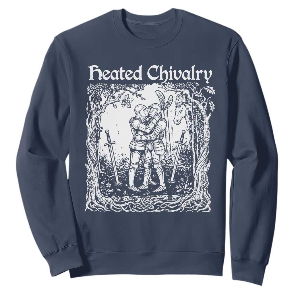 Heated Chivalry Kissing Knights Sweatshirt Romantic Funny Medieval Woodcut Fantasy Folklore Graphic TS02 Navy Print Your Wear