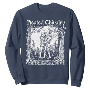 Heated Chivalry Kissing Knights Sweatshirt Romantic Funny Medieval Woodcut Fantasy Folklore Graphic TS02 Navy Print Your Wear
