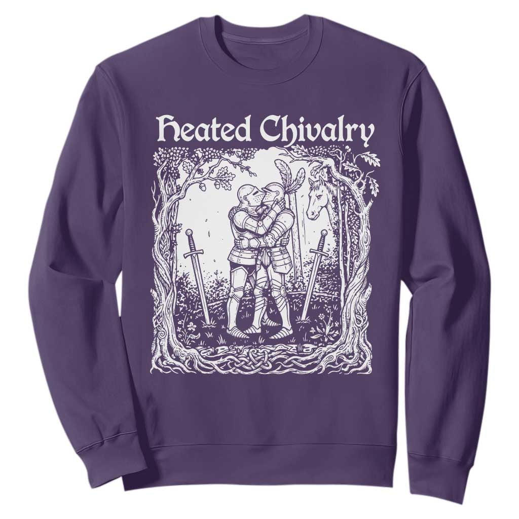 Heated Chivalry Kissing Knights Sweatshirt Romantic Funny Medieval Woodcut Fantasy Folklore Graphic TS02 Purple Print Your Wear