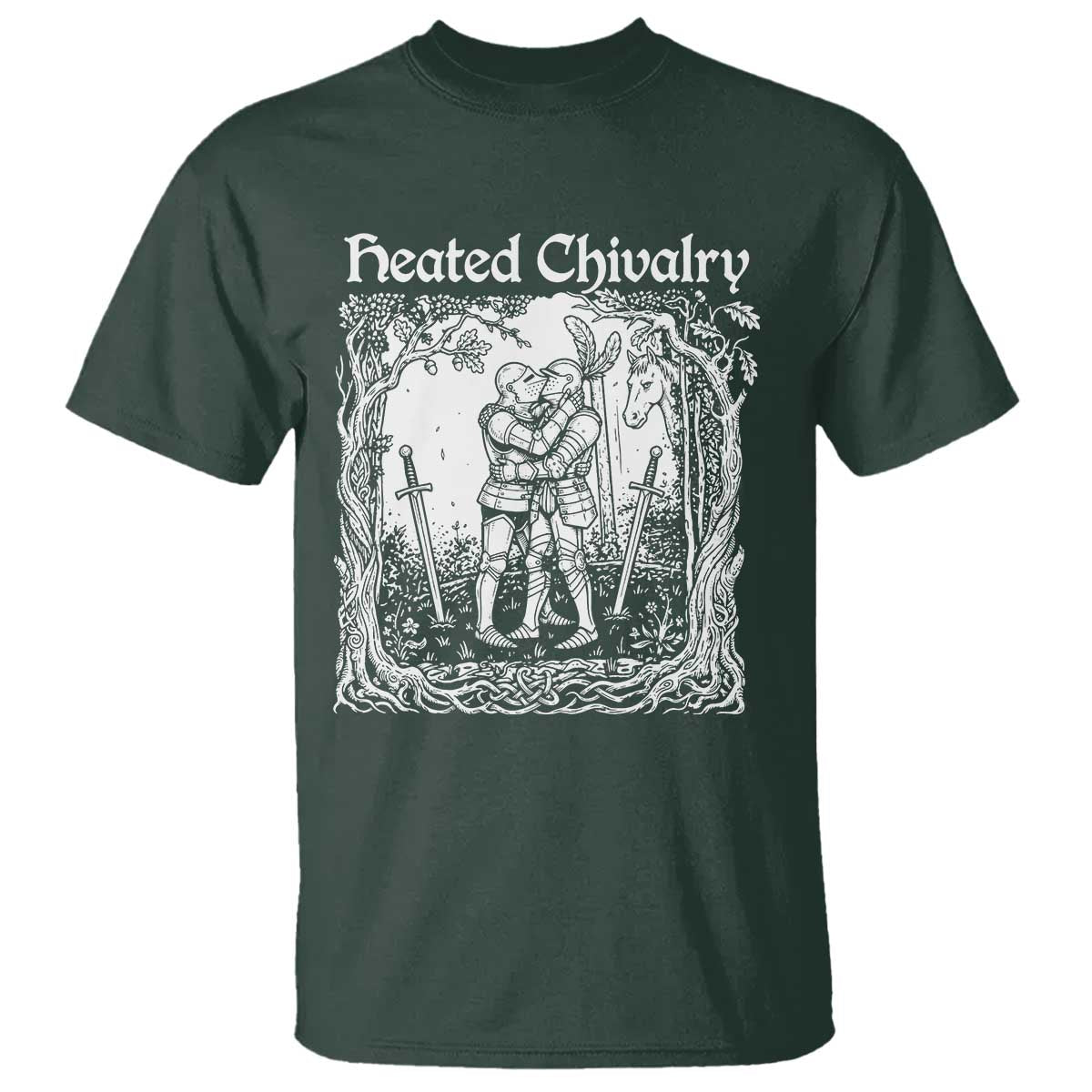 Heated Chivalry Kissing Knights T Shirt Romantic Funny Medieval Woodcut Fantasy Folklore Graphic TS02 Dark Forest Green Print Your Wear
