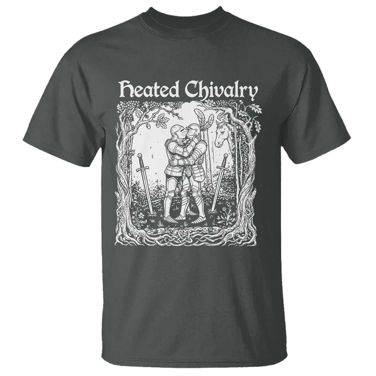 Heated Chivalry Kissing Knights T Shirt Romantic Funny Medieval Woodcut Fantasy Folklore Graphic TS02 Dark Heather Print Your Wear