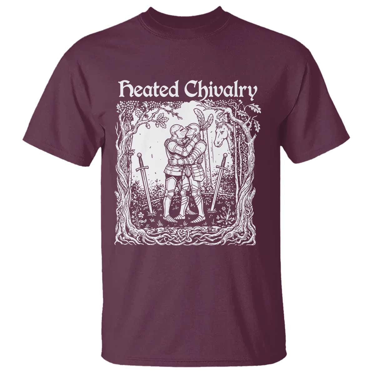 Heated Chivalry Kissing Knights T Shirt Romantic Funny Medieval Woodcut Fantasy Folklore Graphic TS02 Maroon Print Your Wear
