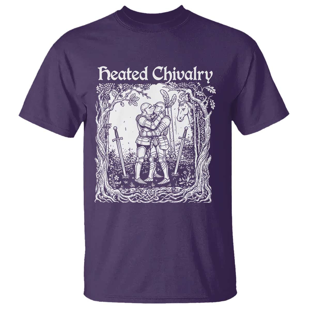 Heated Chivalry Kissing Knights T Shirt Romantic Funny Medieval Woodcut Fantasy Folklore Graphic TS02 Purple Print Your Wear