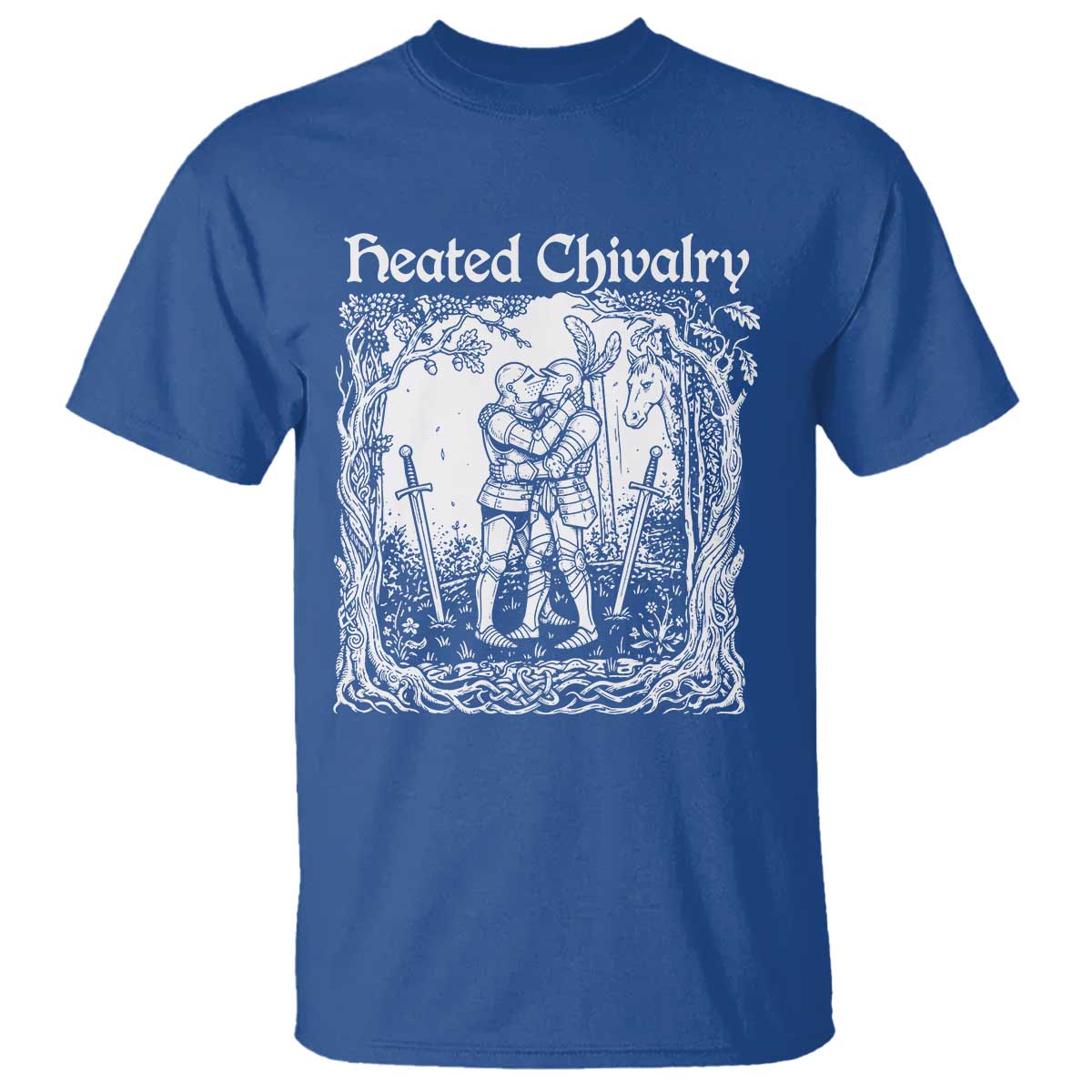 Heated Chivalry Kissing Knights T Shirt Romantic Funny Medieval Woodcut Fantasy Folklore Graphic TS02 Royal Blue Print Your Wear